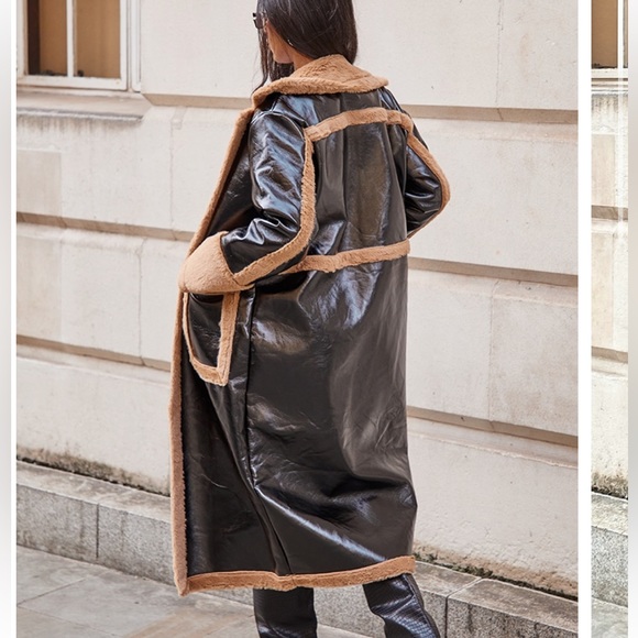 Pretty Little Thing Black Vinyl Maxi Contrast Faux Fur Coat - Picture 2 of 4